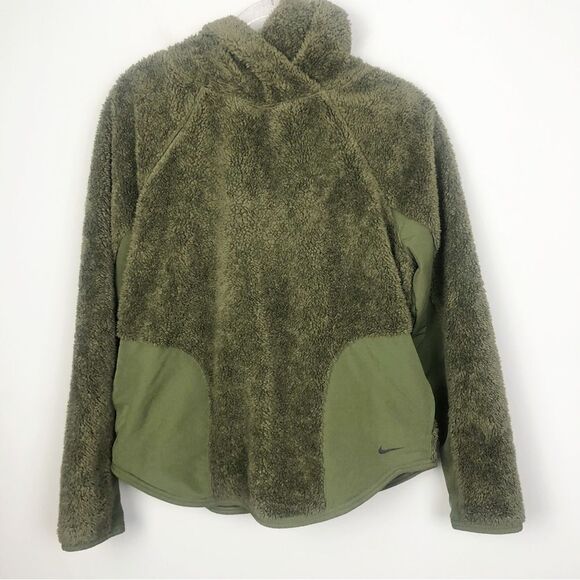 NIKE | Dark Olive Green Sherpa Pullover Hoodie Thermafit Women’s Size Medium - Picture 3 of 11